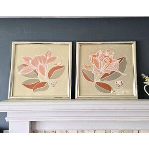 Jillian Field Serigraph Prints, Set of Two Floral Rose & Magnolia With Birds